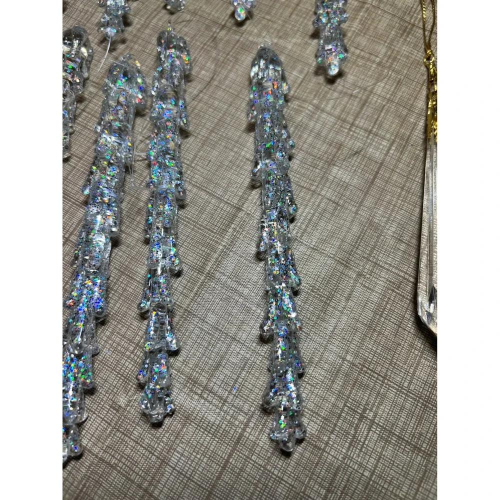 Vintage Iridescent Glitter Icicle Ornaments and Glass Prism Set 11 Piece Clear